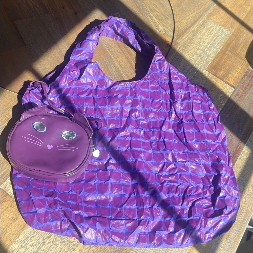 Reusable Purple Cat‎ Face Tote Bag Foldable Market Bag with Zippered Pouch